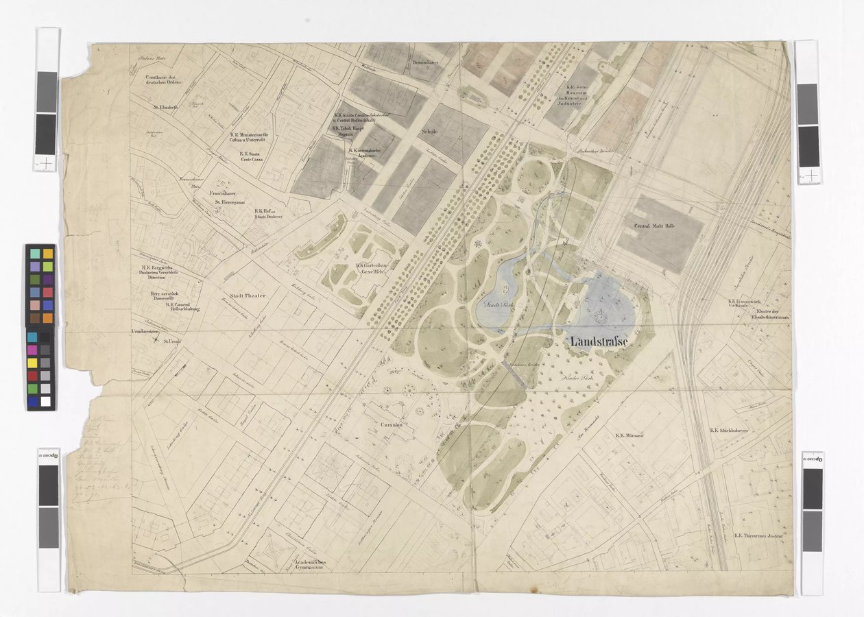 Plano geral de regulação: excerto de folha cartográfica da parte oriental da Cidade Interior e da Ringstraße, parque municipal e mercado central de Otto Wagner