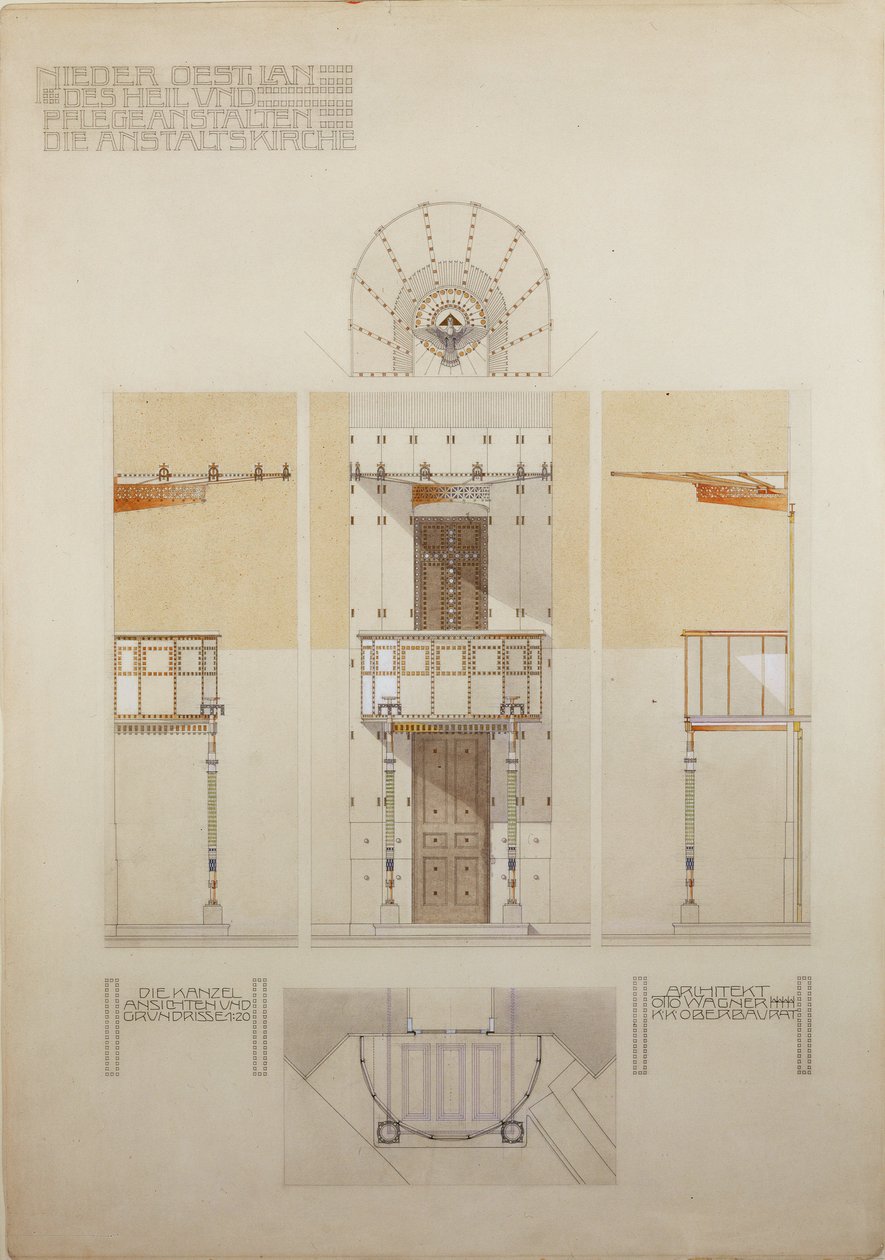 Esboço para o púlpito da igreja de Steinhof, o hospital central de Viena para doentes mentais ... de Otto Wagner