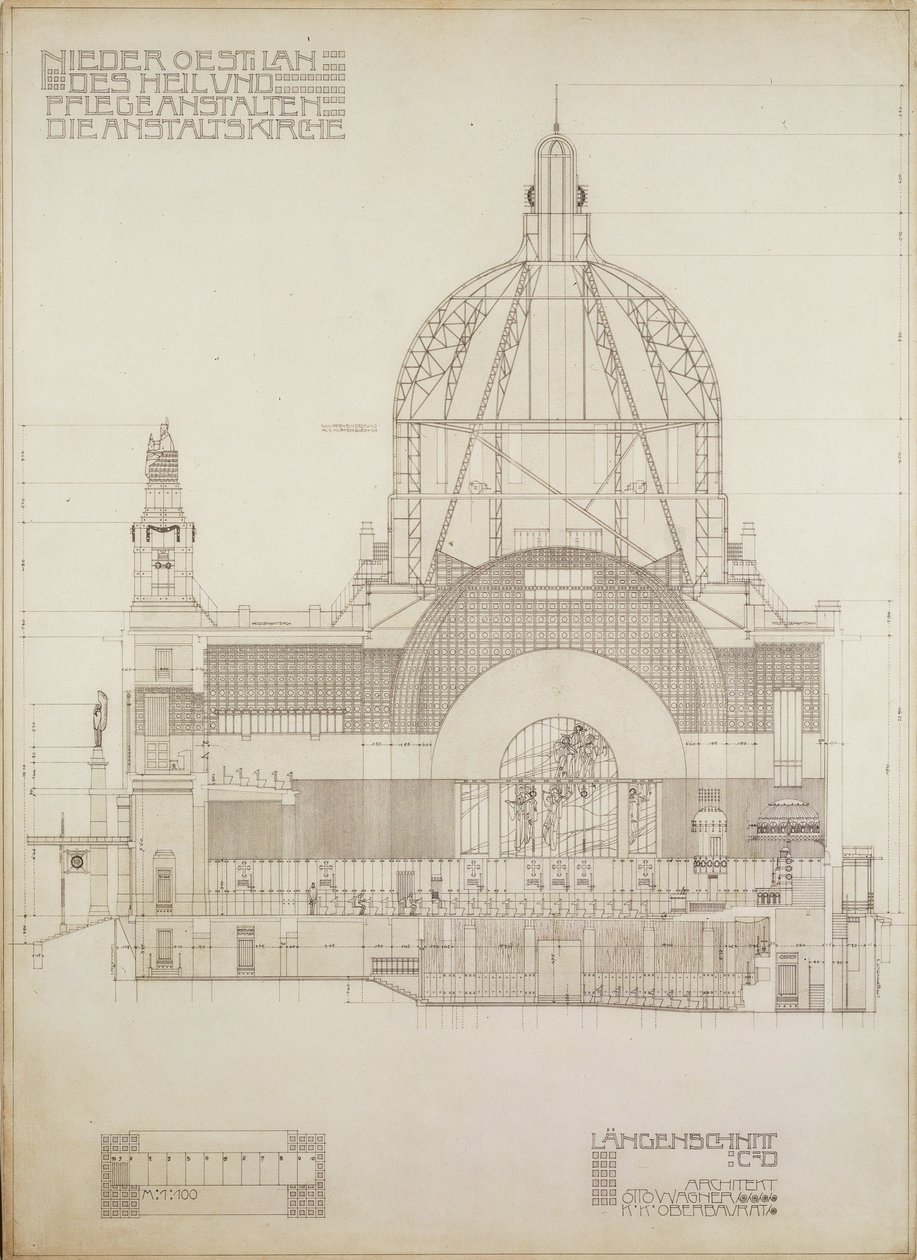 Projeção vertical da igreja de Steinhof, o hospital central de Viena para doentes mentais ... de Otto Wagner