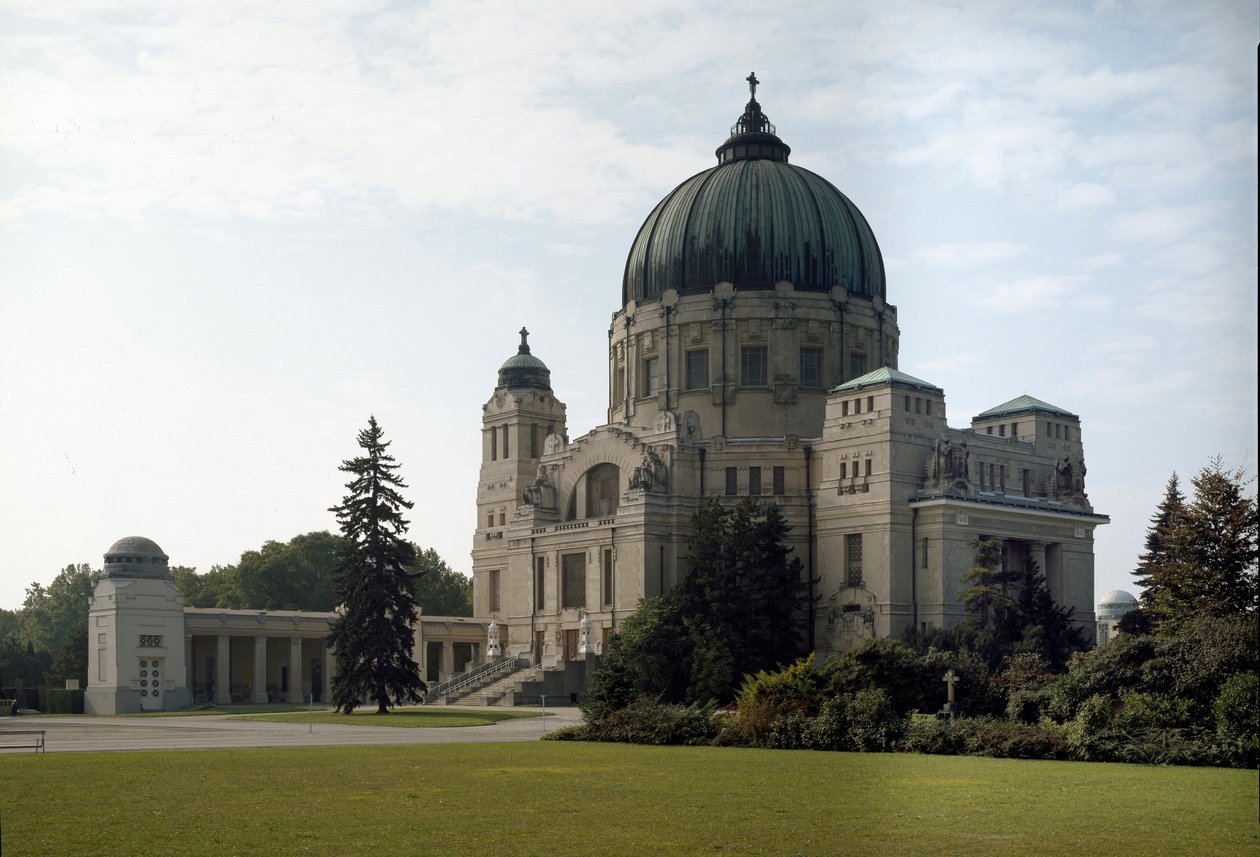 Vista da tumba familiar pelo arquiteto Otto Wagner (1841-1918) (Secessão Vienense). Cemitério de Hietzing, Viena, Áustria de Otto Wagner