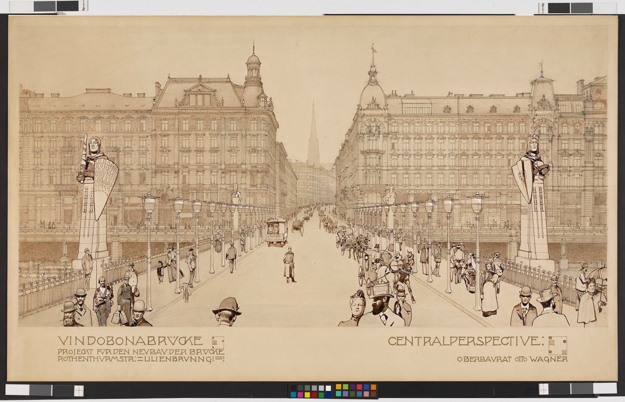Ponte Vindobona / Projeto para a nova construção da ponte Rothenthurmstraße - Lilienbrunngasse. Perspetiva central de Otto Wagner