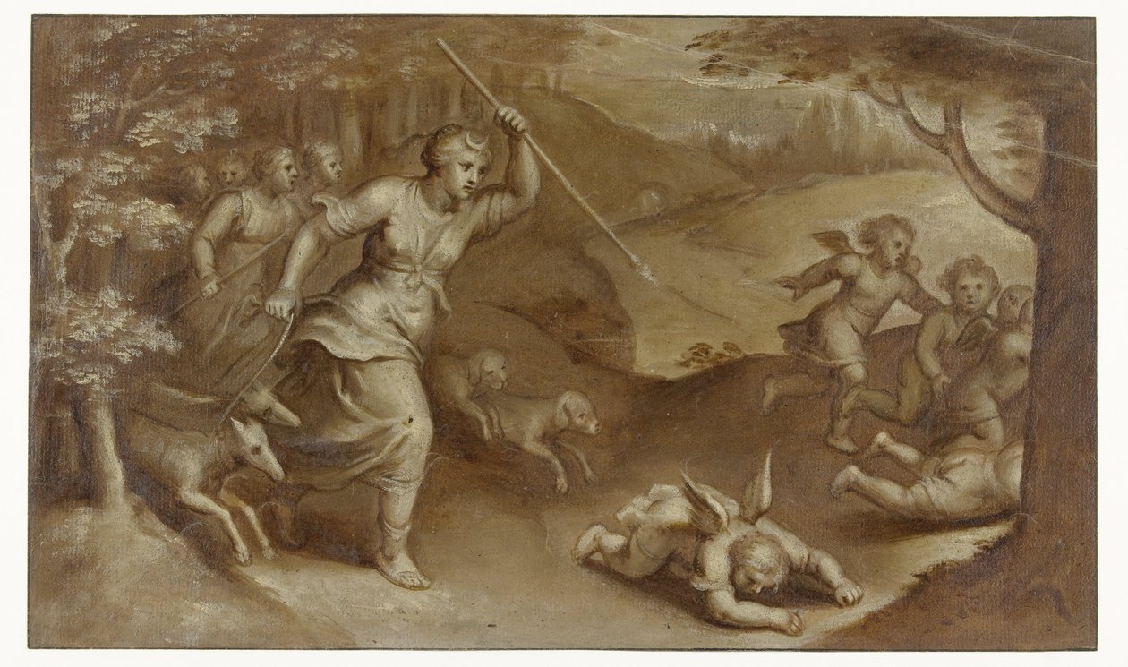Diana expulsa Cupido e os seus ajudantes que a tentaram apanhar de Otto van Veen