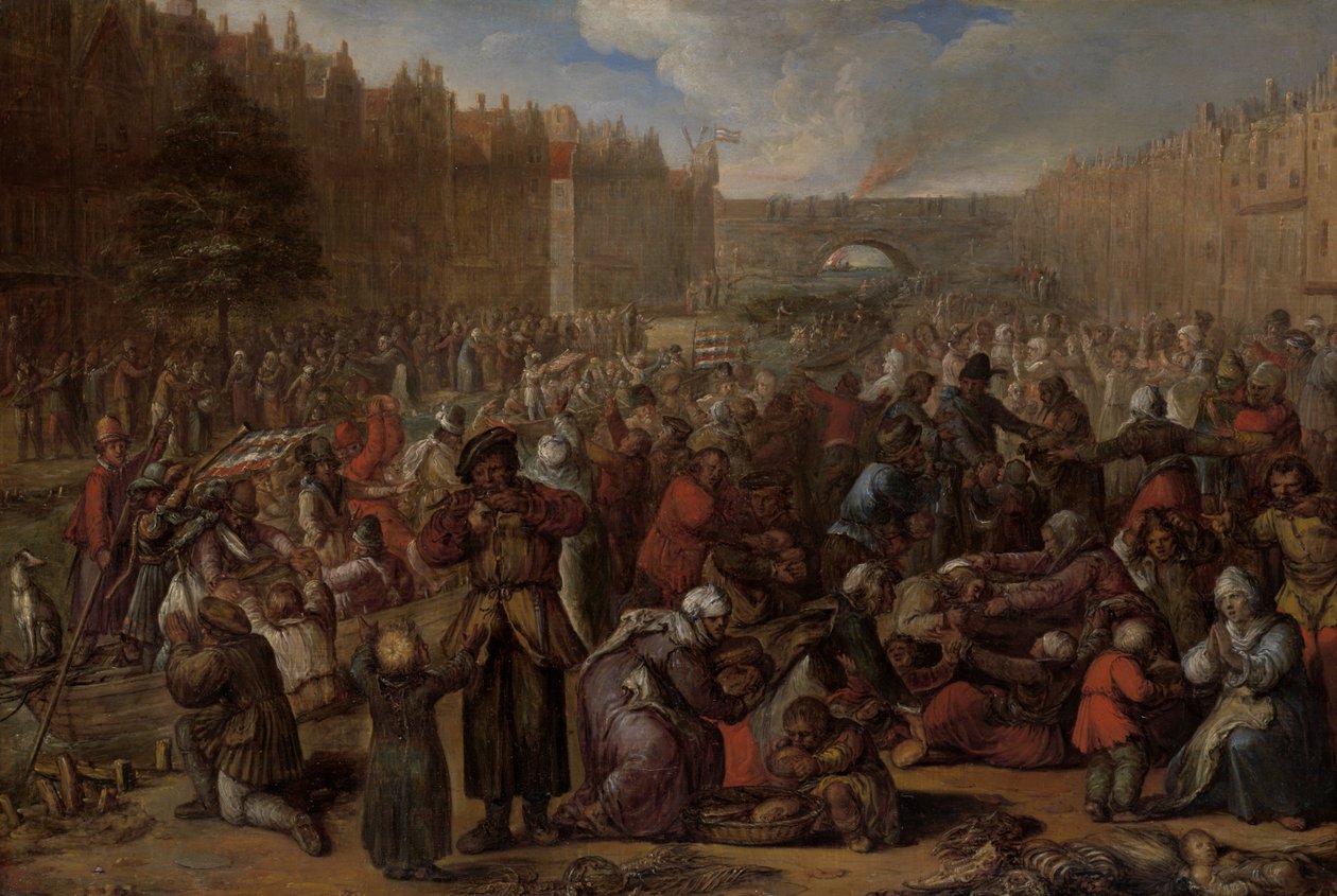 Distribuição de Arenque e Pão Branco no Relevo de Leiden, 3 de Outubro 1574, c.1600 (óleo sobre painel) de Otto van Veen