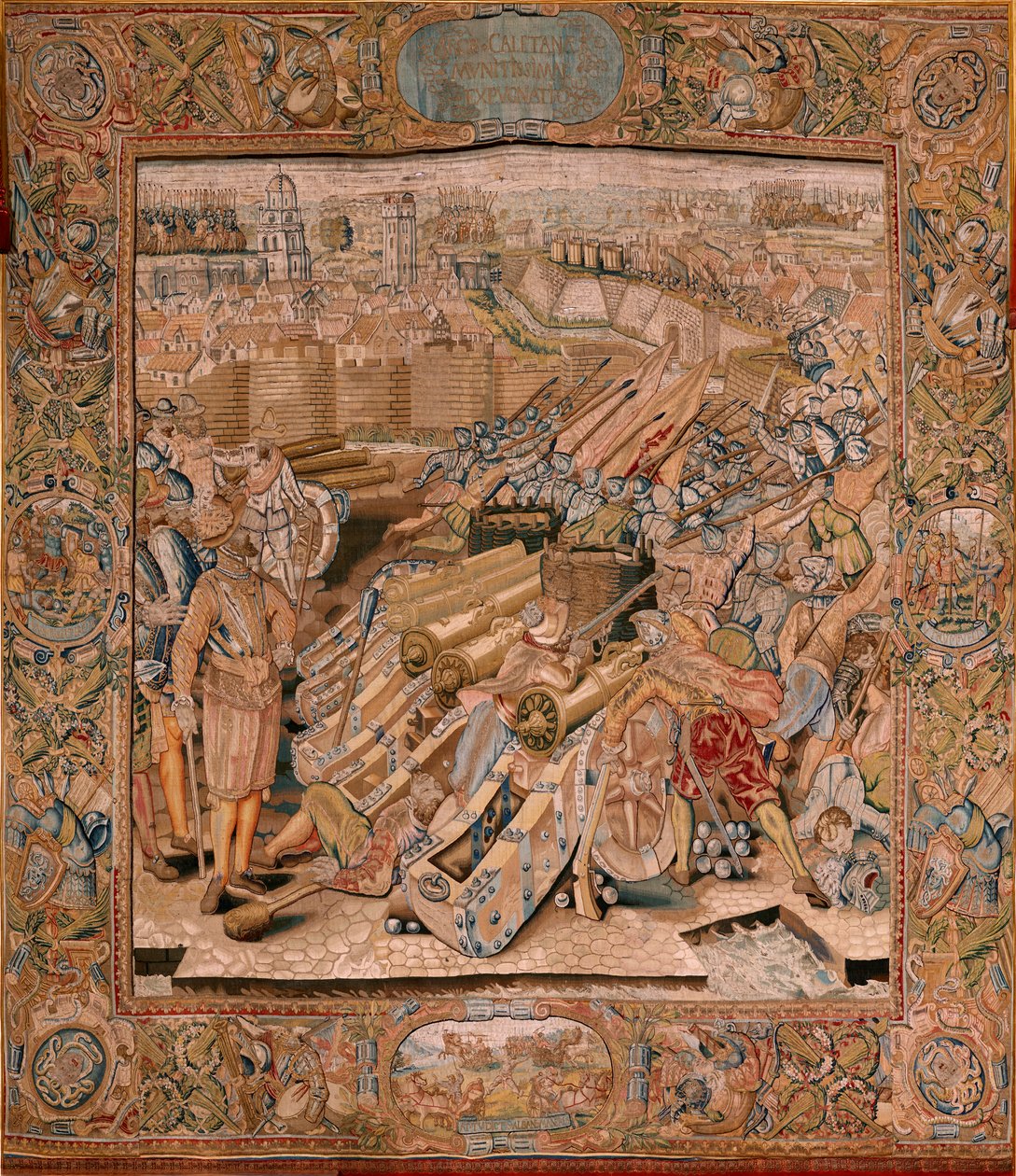 tapeçaria flamenga. Série Triunfos e batalhas do arquiduque Albert. Assalto à cidade de Calais (Asalto de la plaza de Calais). Segunda tapeçaria da série. Modelo Otto van Veen e Hans I Snellinck. Manufatura Martin Reynbouts, Bruxelas de Otto van Veen