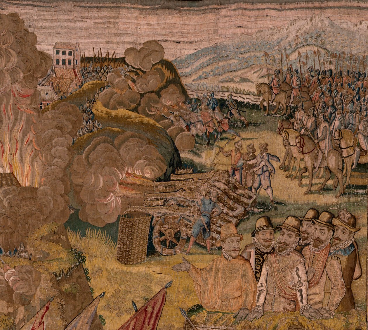 Tapeçaria flamenga. Série Triunfos e batalhas do Arquiduque Albert. Ataque nocturno a Ardres ou Captura da cidade baixa de Ardres (Asalto nocturno de Ardrés o Toma de la baja villa de Ardrés). Terceira tapeçaria da série. Modelo Otto van Veen e Hans I Snel de Otto van Veen