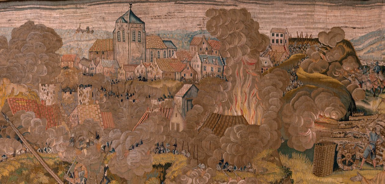 tapeçaria flamenga. Série Triunfos e batalhas do arquiduque Albert. Ataque noturno a Ardres ou Captura da cidade baixa de Ardres (Asalto nocturno de Ardrés o Toma de la baja villa de Ardrés). Terceira tapeçaria da série. Modelo Otto van Veen e Hans I Snell de Otto van Veen