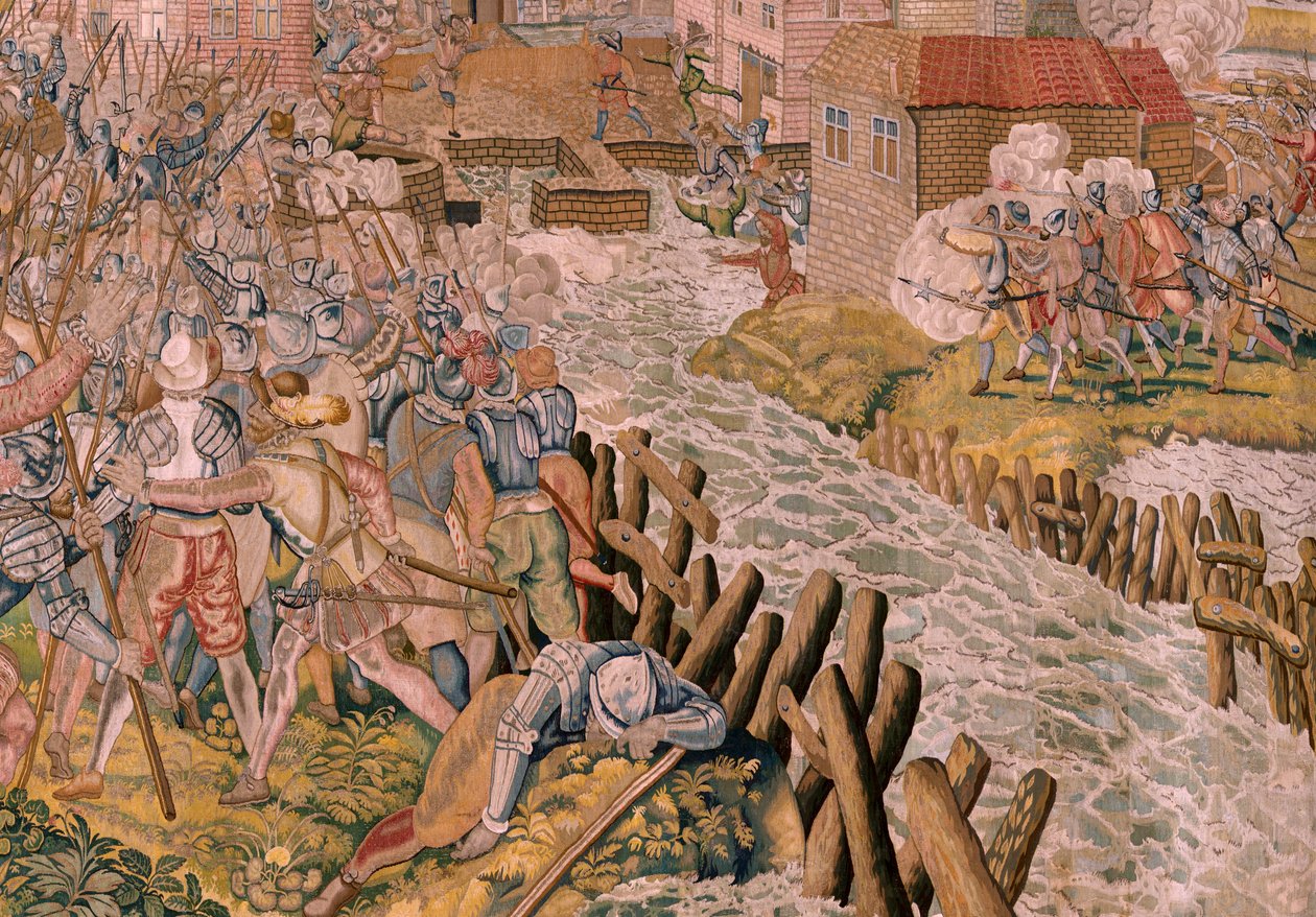 Tapeçaria flamenga. Série Triunfos e batalhas do Arquiduque Albert. Surpresa em Calais (La sorpresa de Calais). Primeira tapeçaria da série. Modelo Otto van Veen e Hans I Snellinck. Fabrico de Martin Reynbouts, Bruselas. 1597-1599. Tecido Ouro, prata, si de Otto van Veen