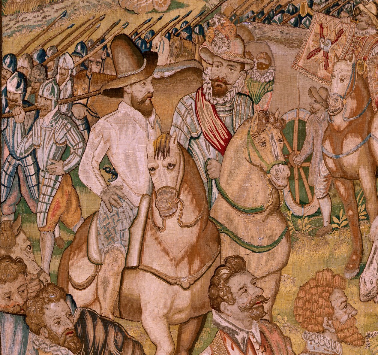 Tapeçaria flamenga. Série Triunfos e batalhas do Arquiduque Albert; A guarnição de Ardres retira-se para França (Retirada a Francia de la Guarnición de Ardrés). Quarta tapeçaria da série. Modelo Otto van Veen e Hans I Snellinck. Fabrico Martin Reynbou de Otto van Veen