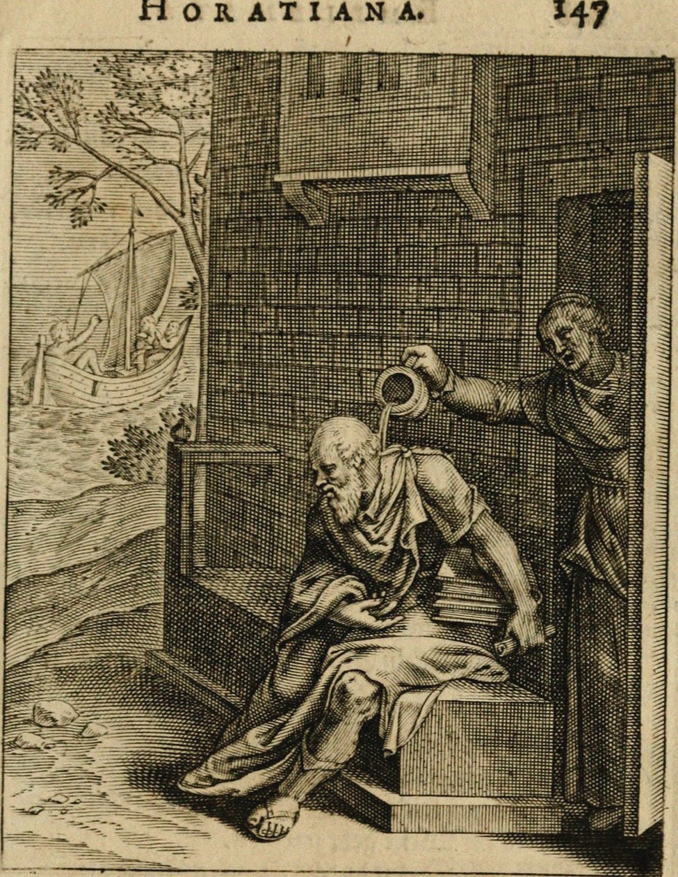 Xanthippe esvaziando um penico sobre Sócrates. De Emblemata Horatiana, 1607 de Otto van Veen