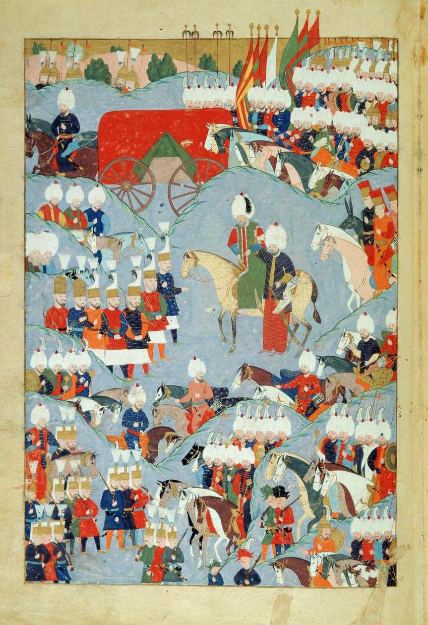 CBL T 413 fol.46a O Sultão Aflito Apoiado por seu Vizir, da História do Sultão Suleyman, o Magnífico, 1579 de Ottoman School