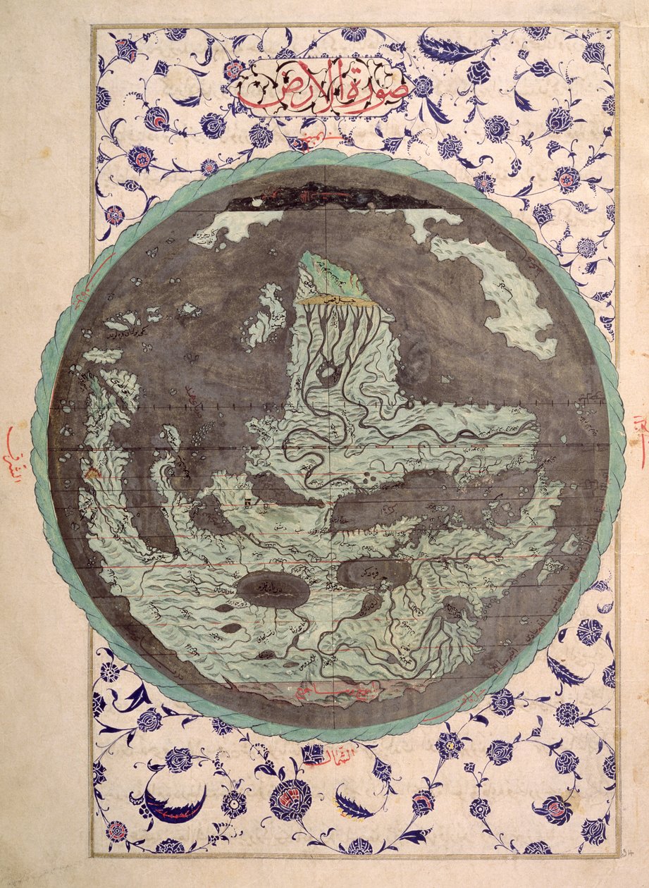 CBL T.414 fol.34a Mapa do Mundo, de uma cópia de Zubdat al-Tawarikh, de A Creme de Histórias, final do século XVI de Ottoman School