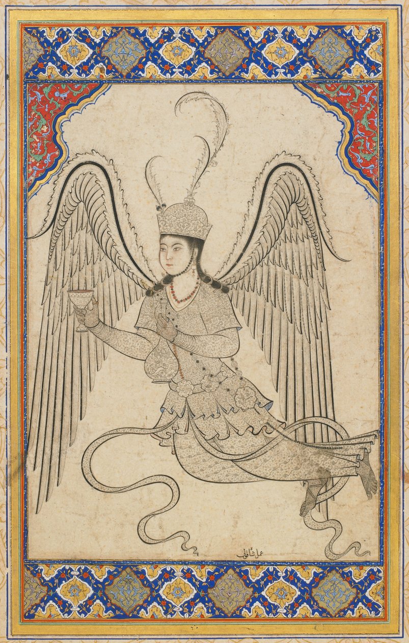 Anjo, voador, com copo e frasco de vinho (Tinta, lavagem a cores e ouro sobre papel) de Ottoman School