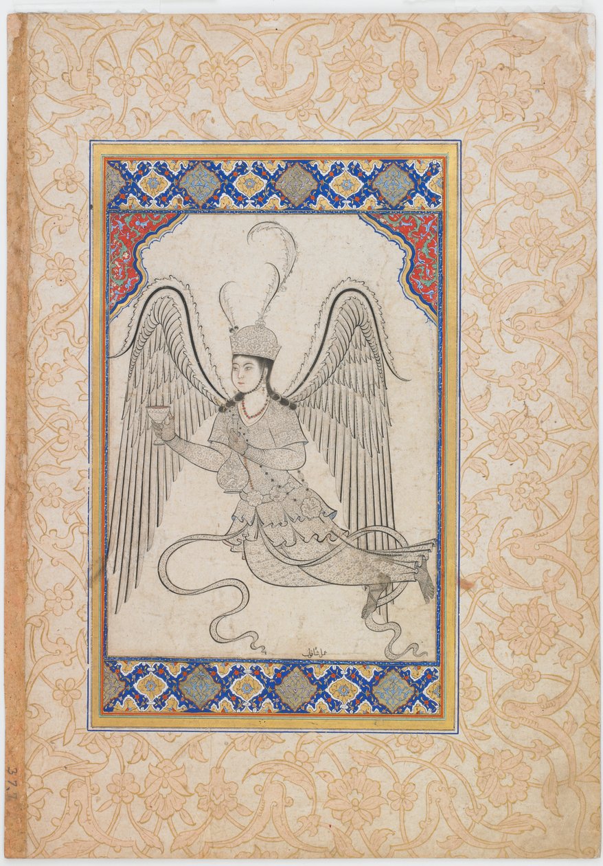 Anjo, voador, com copo e frasco de vinho (Tinta, lavagem a cores e ouro sobre papel) de Ottoman School