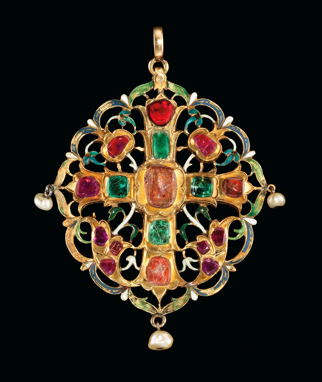 Conjunto de joias armênio e relicário esmaltado (pedras preciosas, esmalte e pérolas incrustadas em ouro) de Ottoman School