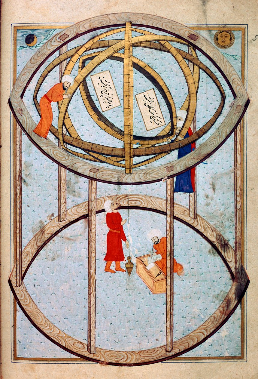Astrônomos manipulando uma enorme esfera armilar e ferramentas para medir longitude e latitude Miniatura do manuscrito ms. FY 1404 "Sehinsahname" (ou Shahinshah-nama ou Shahinshah-nameh, Shahinshah nama ou Shahinshah nameh) "A história do rei de de Ottoman School