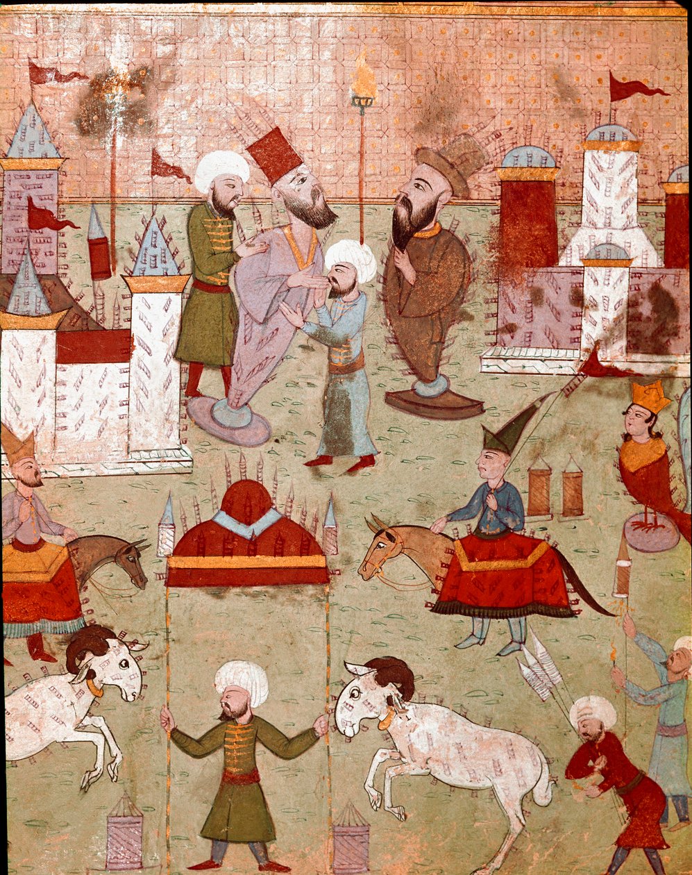 Festas organizadas por ocasião da circuncisão do filho do Sultão Otomano Murad II (Murat) (1404-1451), preparação de fogos de artifício Miniatura do século XVI Istambul, Biblioteca do Museu Topkapi Sarayi de Ottoman School