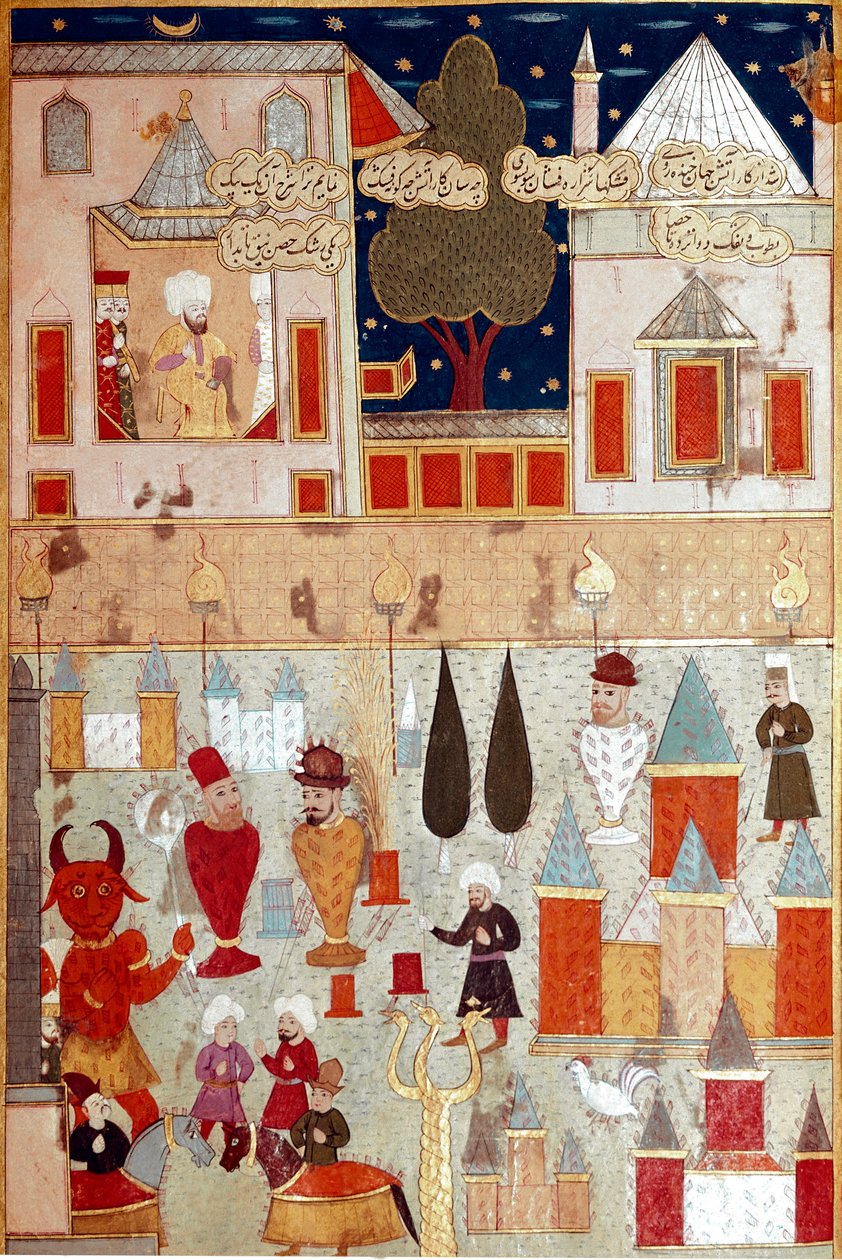 Festas organizadas por ocasião da circuncisão do filho do Sultão Otomano Murad II (Murat) (1404-1451), preparação de fogos de artifício Miniatura do século XVI Istambul, Biblioteca do Museu Topkapi Sarayi de Ottoman School