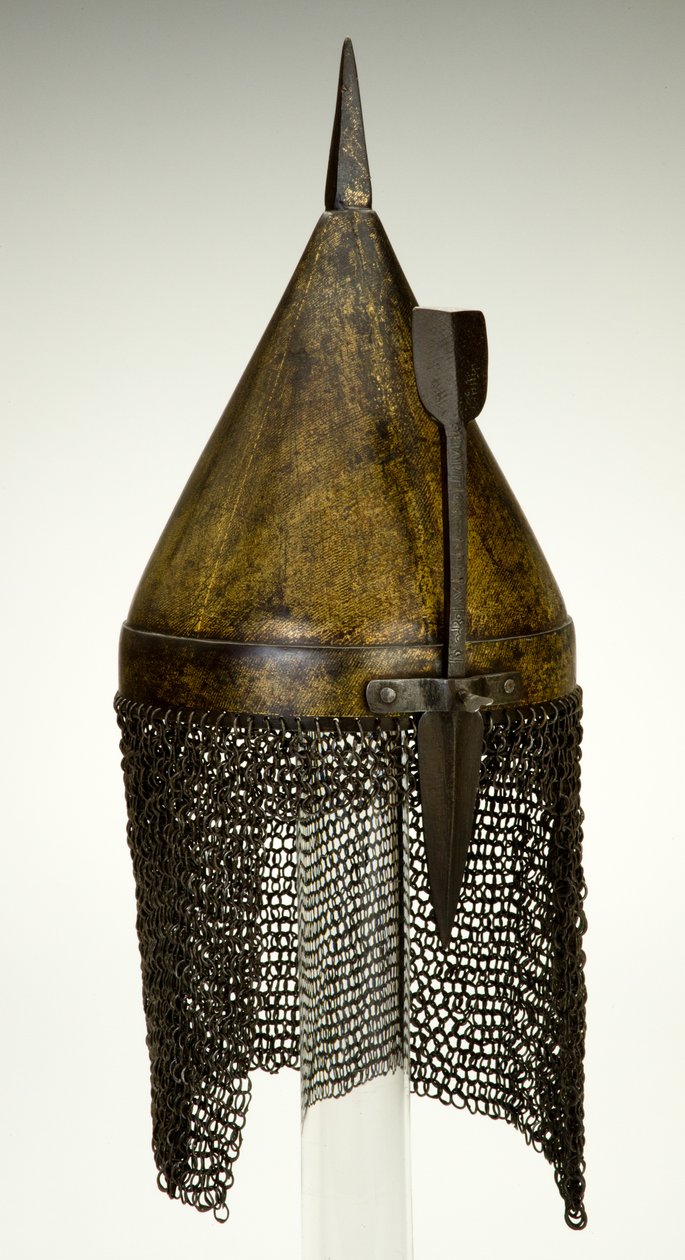 Capacete, talvez do século 16, modificado no século 19 (ferro russeteado com douramento) de Ottoman School