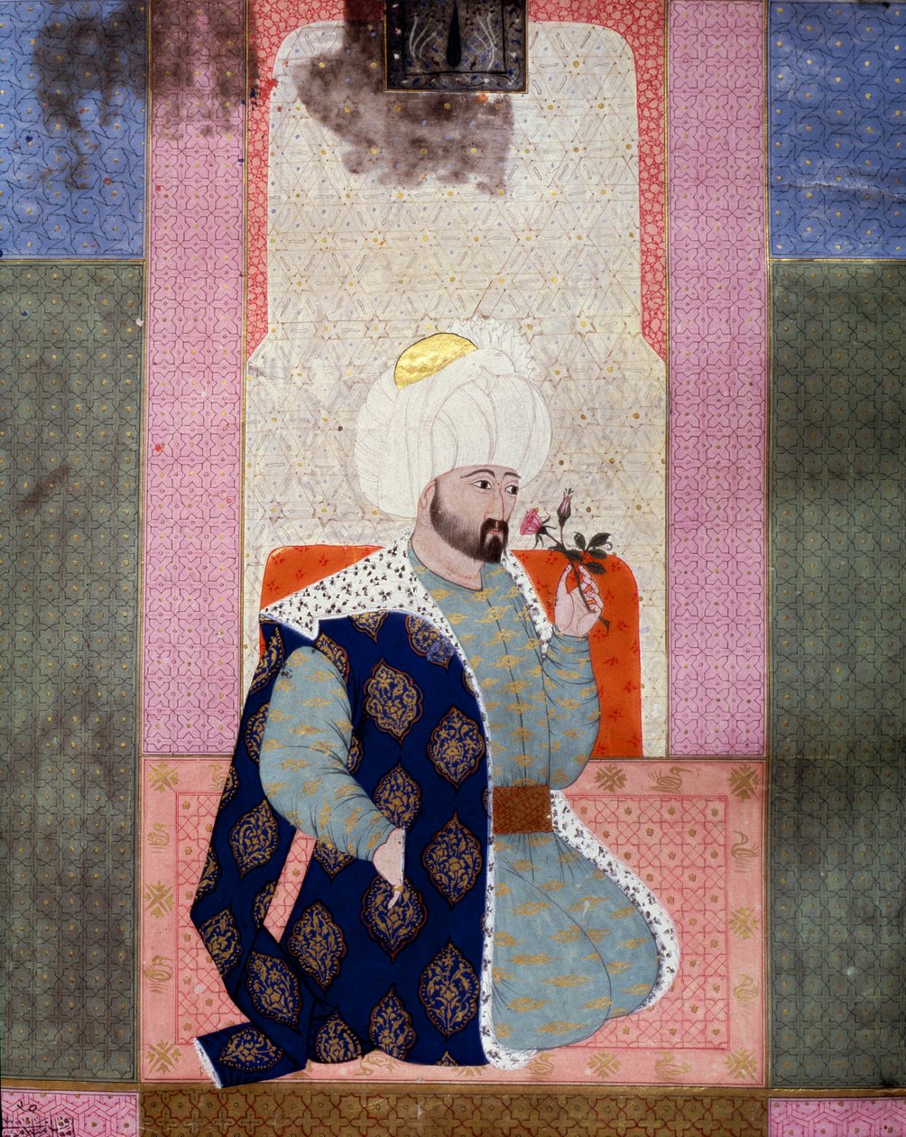 Império Otomano: "Retrato do Sultão Otomano Mehmet (ou Mehmed ou Mohammed) Celebi I (1389-1421)" Miniatura do manuscrito (Ms. 1973, folio 62a) "Zubdat al Tawarikh" (Zubdat al Tawarikh) (Creme das Histórias) do historiador Seyyid Loqman Ashuri 1538. T de Ottoman School