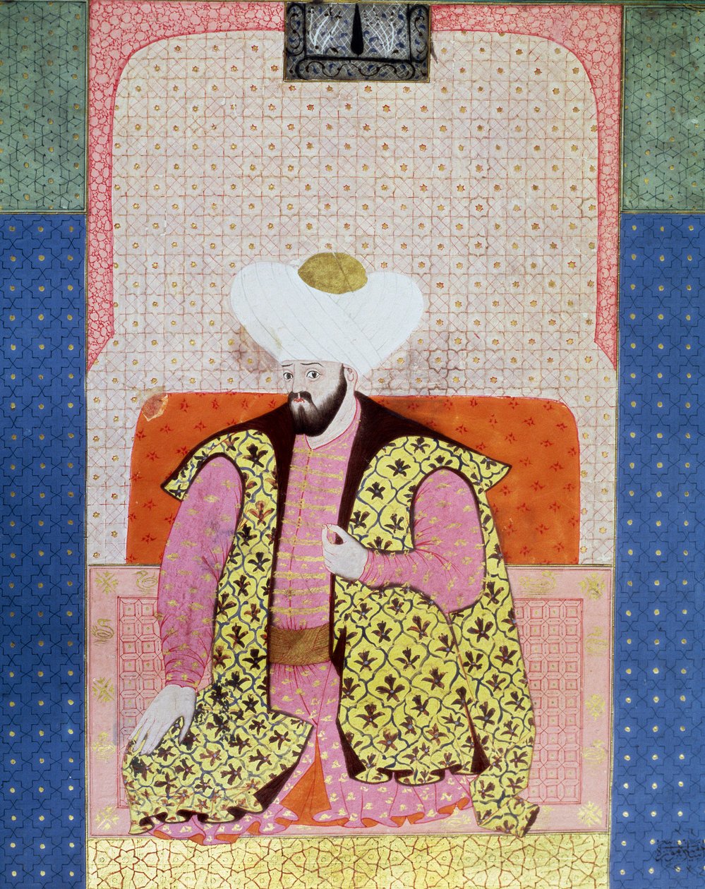Império Otomano: "Retrato do Sultão Otomano Murad II (Murat) (1404-1451)" Miniatura do manuscrito (Ms. 1973, folio 62a) "Zubdat-al Tawarikh" (Zubdat al Tawarikh) (Creme das Histórias) do historiador Seyyyid Loqman Ashuri 1538. Turco e Islâmico de Ottoman School