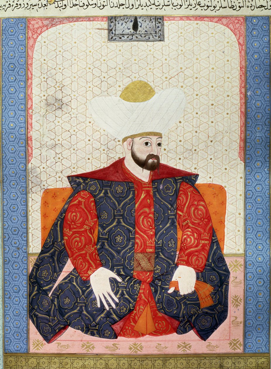 Império Otomano: "Retrato do Sultão Otomano Murad I (1326-1389)" Miniatura do manuscrito (Ms. 1973, folio 62a) "Zubdatat-al-Tawarikh" (Zubdat al-Tawarikh) (Creme das Histórias) do historiador Seyyid Loqman Ashuri 1538. Museu de Arte Turco e Islâmico de Ottoman School