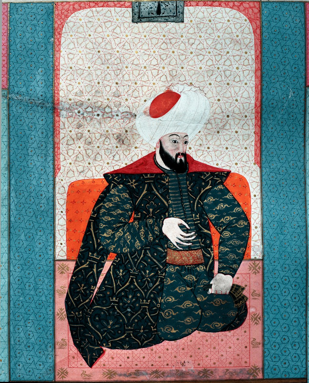 Império Otomano: "Retrato do Sultão Osman I (Osman Gazi rahimahu llah) (1258-1326)" Miniatura de "Zubdat al Tawarikh" (Ms. 1973, fol. 59a) de Seyyyd Lokman Ashuri 1583 Istambul, Museu de Arte Turco-islâmica de Ottoman School