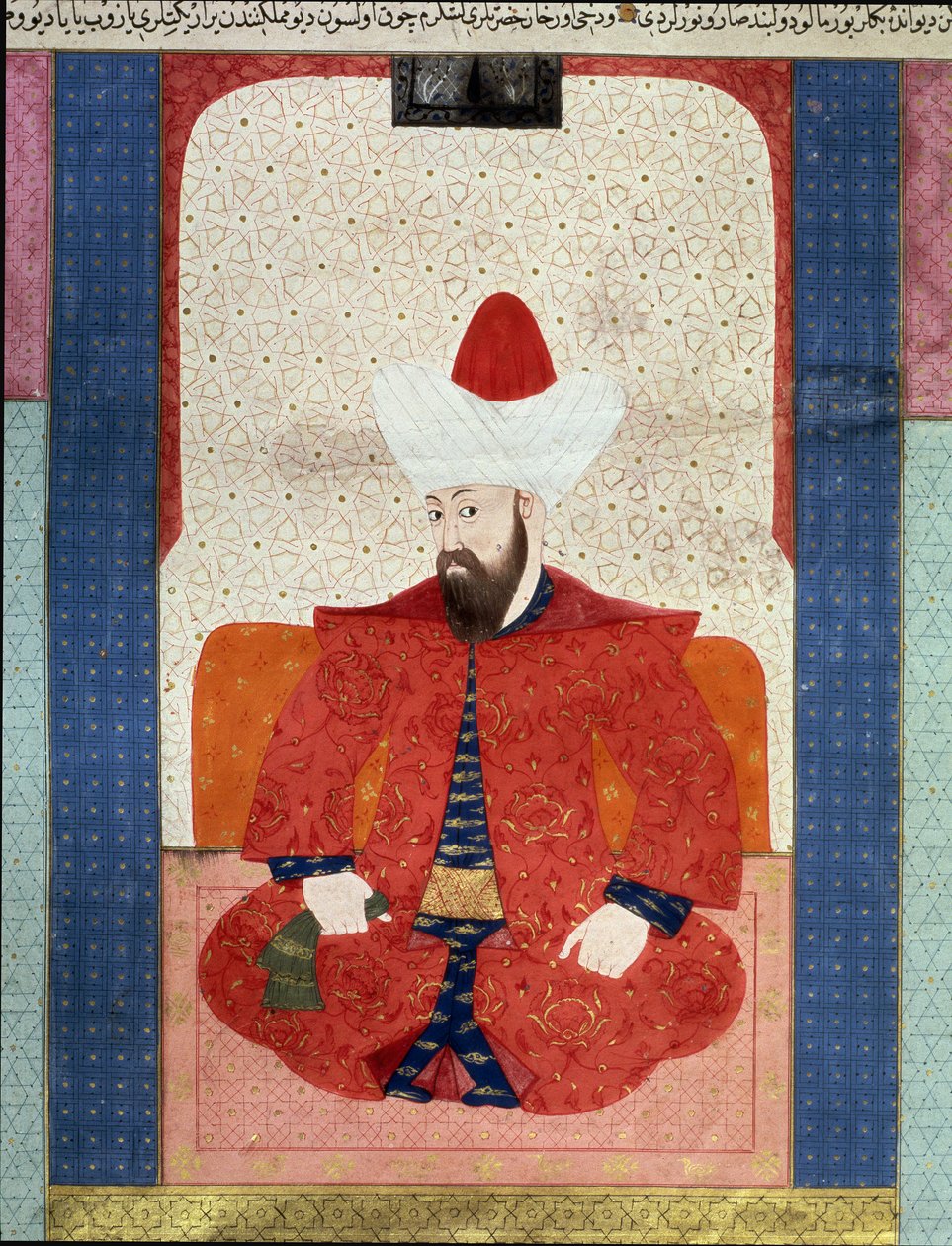 Império Otomano: "Retrato do Sultão do Império Otomano Orhan (Orkhan ou Urchan) I (1281-1360)" Miniatura de "Zubdat al Tawarikh" (Ms. 1973, fol. 59b) de Seyyyd Lokman Ashuri 1583 Istambul, Museu de Arte Turco-islâmica de Ottoman School