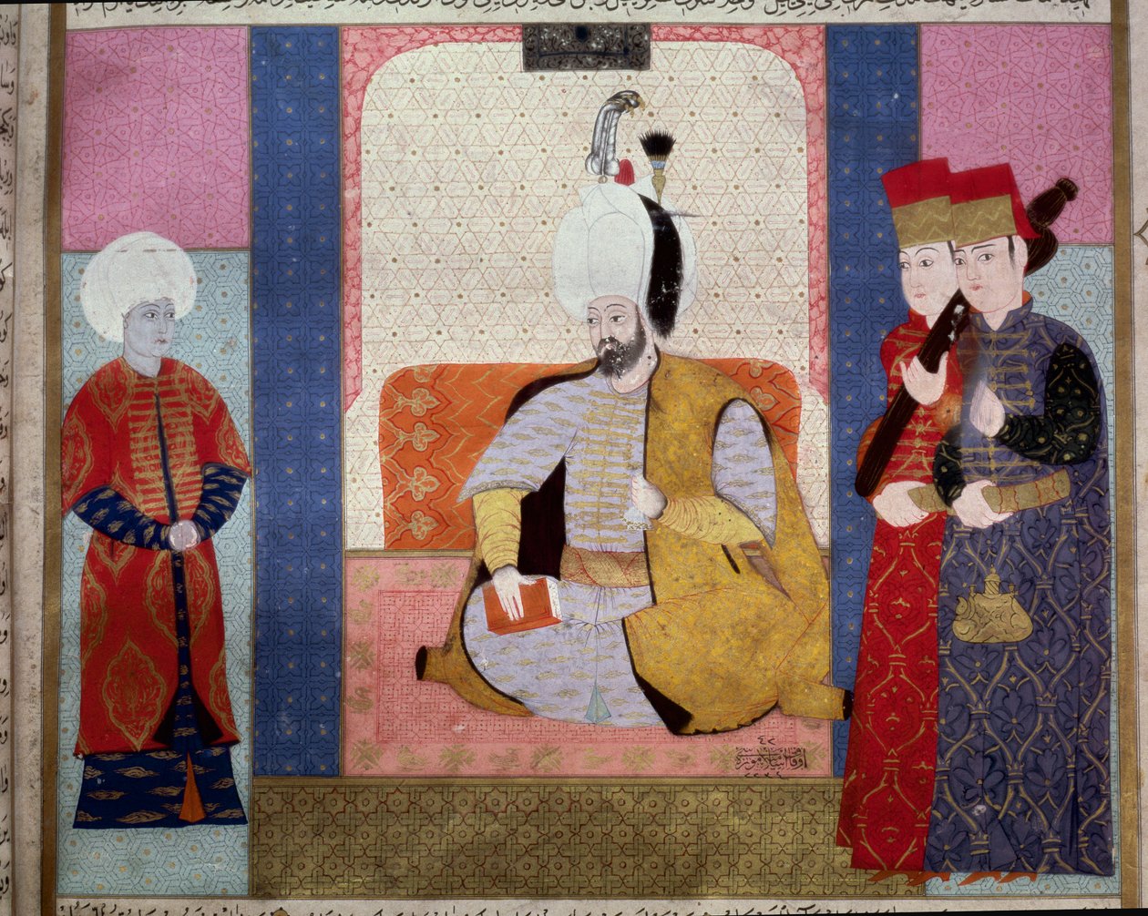 Império Otomano: "Sultão Murad III (1546-1595) rodeia cortesãos" Miniatura de "Zubdat al Tawarikh" (Ms. 1973, fol. 59b) de Seyyd Lokman Ashuri 1583 Istambul, Turkish-Islamic Art Museum de Ottoman School
