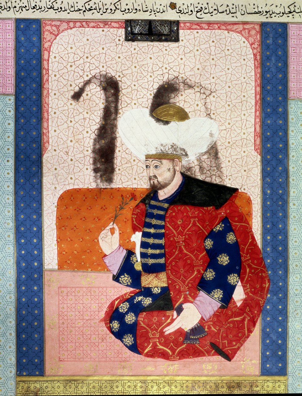 Império Otomano: retrato de Bayazid I (Bajazet I) (cerca de 1354-1403) conhecido como Yildirim (Relâmpago)" Miniatura do manuscrito (Ms. 1973, folio 62a) "Zubdatat-al-Tawarikh" (Zubdat al-Tawarikh) (Creme de Histórias) do historiador Seyyid Loqman Ashuri 1 de Ottoman School