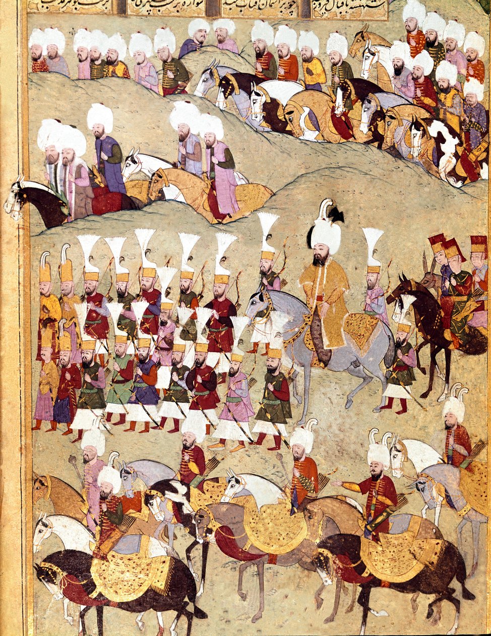 Império Otomano: "representação do Sultão Otomano Murad II (Murat) (1404-1451) e sua Armee durante a invasão da Pérsia" Manuscrito miniatura ms. FY 1404 "Sehinsahname" (ou Shahinshah-nameh ou Shahinshah-nameh, Shahinshah nama, Shahinshah nameh) de Ottoman School