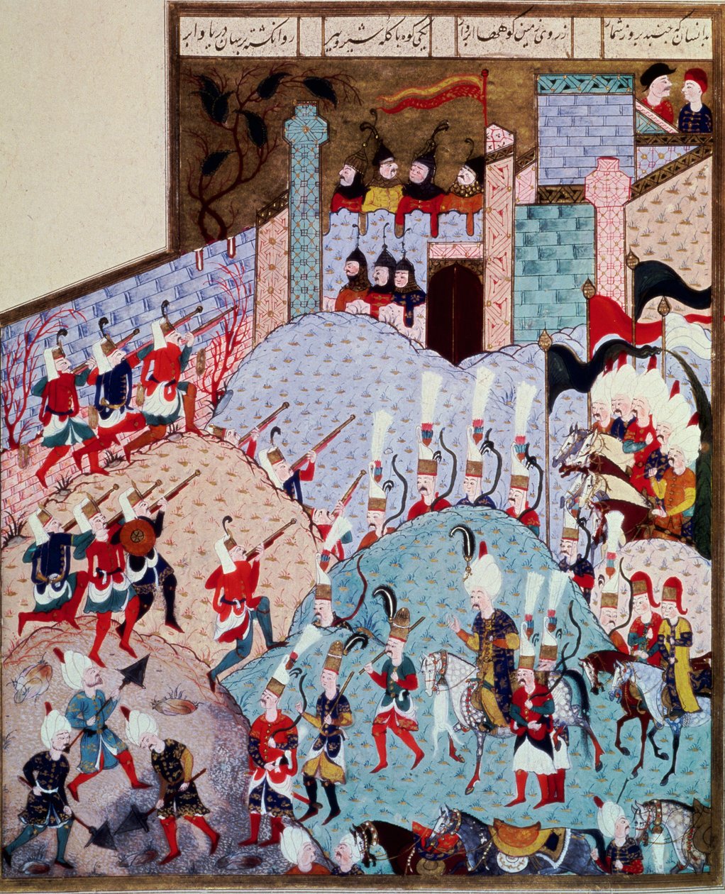 Império Otomano: representação do Sultão Soliman (Suleyman) Eu disse o magnífico (1520-1566) e seu exército atacando uma cidade fortificada
