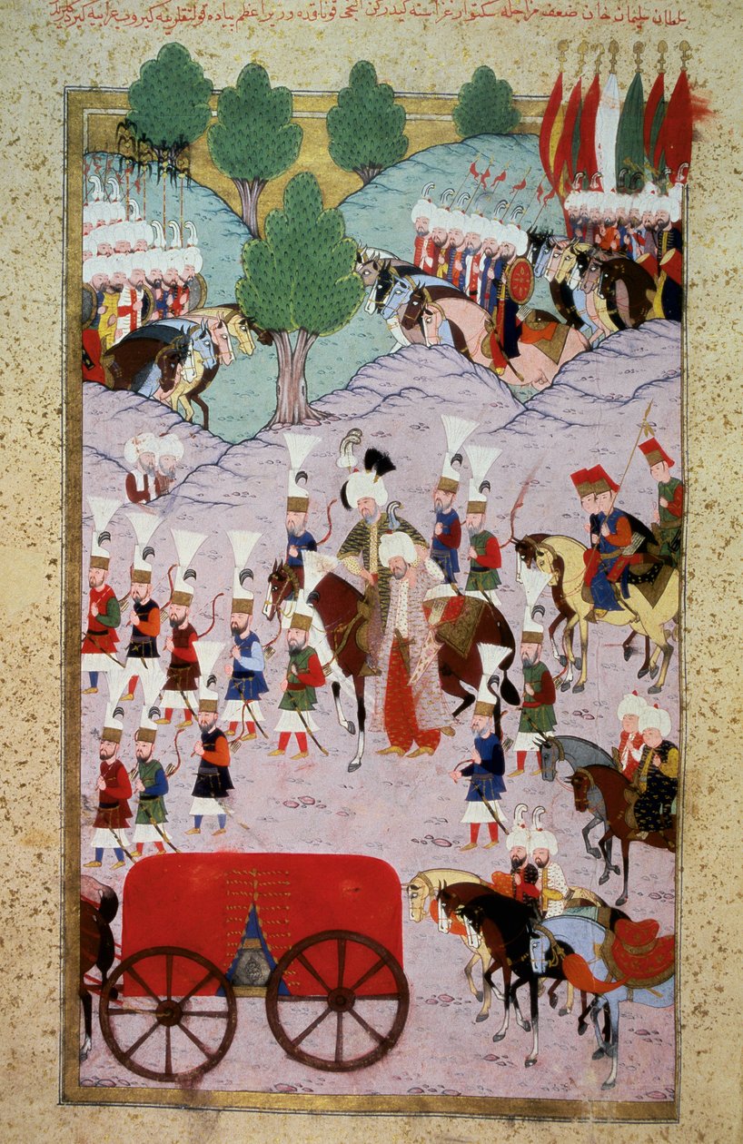 Império Otomano: representação do Sultão Soliman (Suleyman) Eu disse o magnífico (1520-1566) e seu exército. Miniatura de "Hunername" de Lokman, vol. 1 (H 1523, f.7) 1584 Topkapi Sarayi Biblioteca do Museu de Istambul de Ottoman School