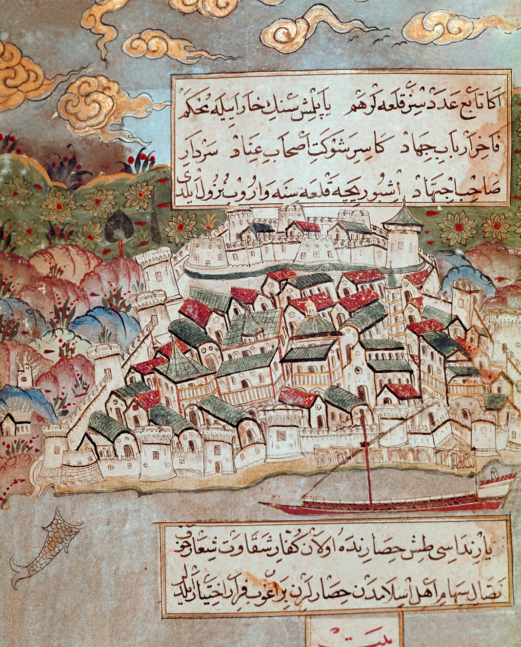 Império Otomano: representação de uma cidade fortificada na margem do Danúbio conquistada por Soliman (Suleyman) Eu disse o magnífico (1520-1566) durante sua marcha em Budapeste e Viena (1526-1529). Miniatura do século XVI. Topkapi Sarayi Istambul de Ottoman School