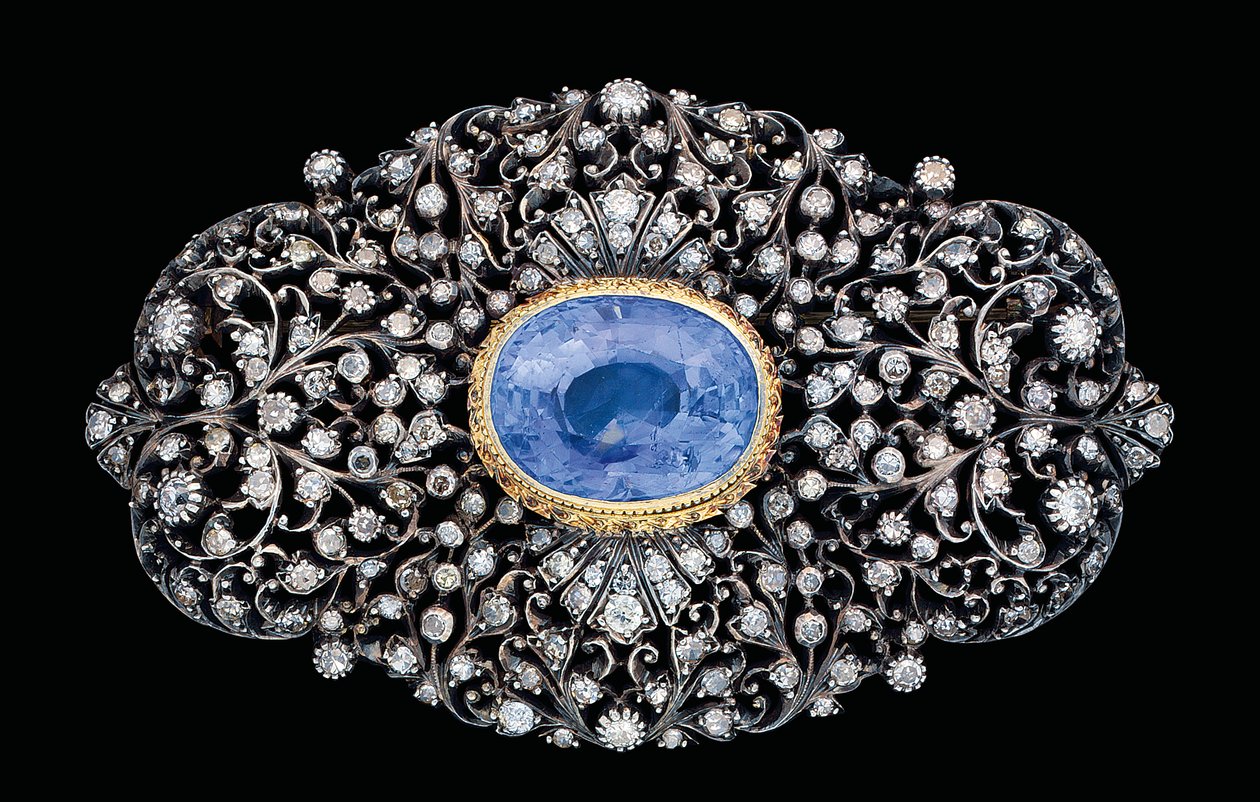 Broche Otomano de diamante e safira incrustado (safira e diamantes incrustados em ouro e prata) de Ottoman School