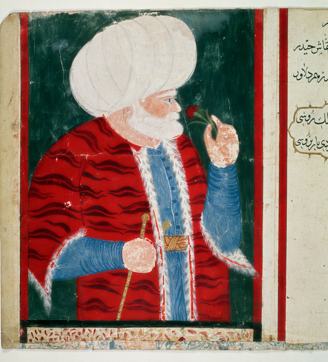 Retrato de Barberose (Khizir Khayr ad-din (Barbaros Hozor Hayreddin Pasha ou Pasa ou Chair ad Din, Chaireddin ou Cheireddin) (1466-1546) Grande Almirante do Império Otomano após uma carreira como pirata Miniatura do manuscrito Ms. H. 2134 de Ottoman School