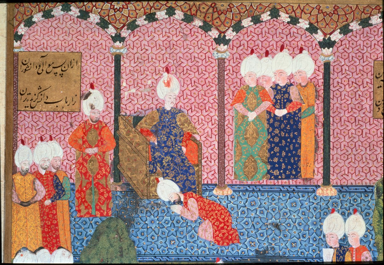 Retrato de Soliman (Suleyman) I o Magnífico (1494-1566), Sultão Otomano rodeia sua corte na cerimônia de acessão ao Detalhe do Trono. Miniatura tirada de 