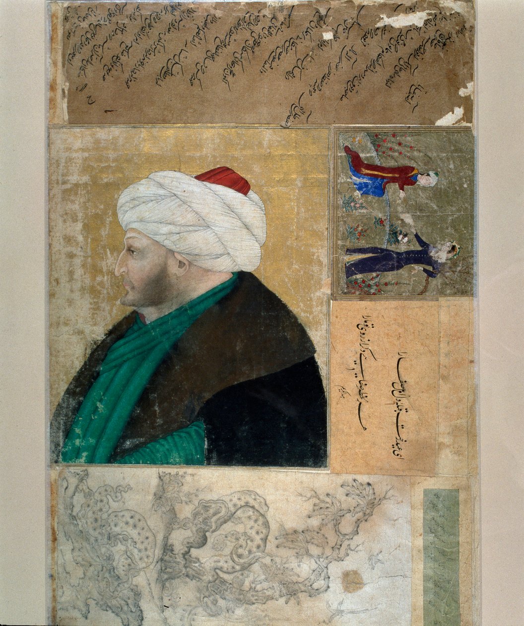 Retrato do Sultão do Império Otomano Mehet II (Mehmet II o Conquistador ou Mehmed II Fatih) (1430-1481) Miniatura turca do manuscrito Sra. H. 2153, fólio 145b. Fim do século XV. Istambul, Biblioteca Topkapi Sarayi de Ottoman School