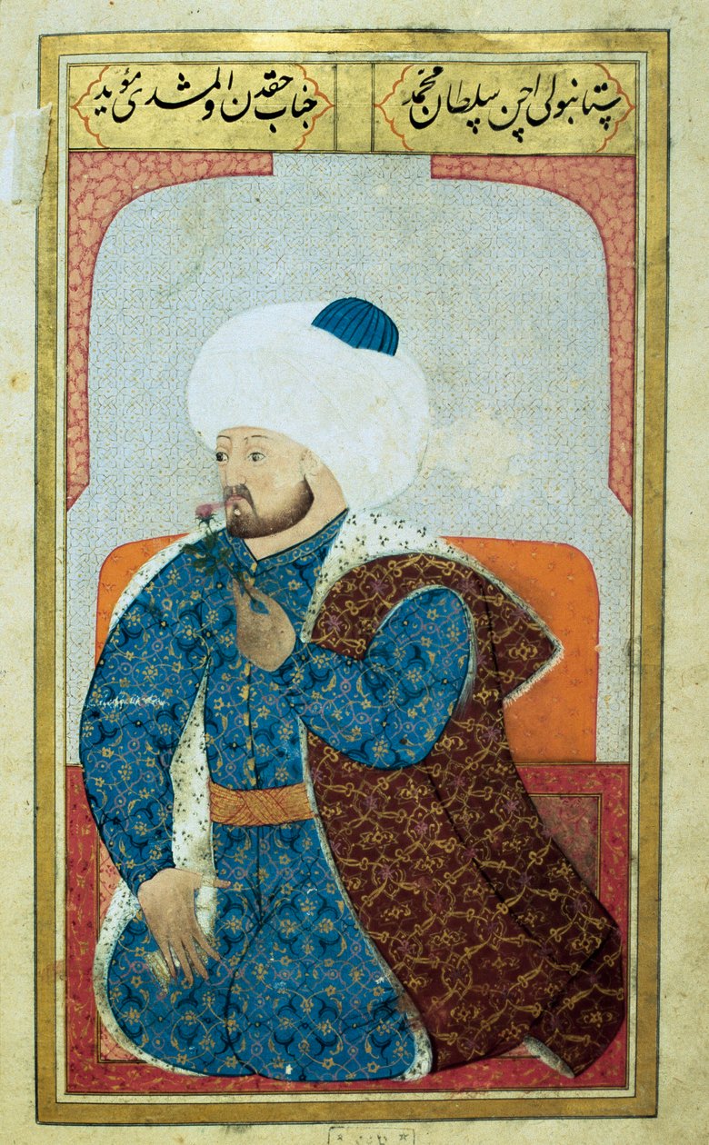 Retrato do Sultão do Império Otomano Mehet II (Mehmet II o Conquistador ou Mehmed II Fatih) (1430-1481) Miniatura do manuscrito "Fisionomia humana (Sobre as disposições pessoais dos otomanos) de Seyyid Lokman Hussein. (Ms. ty6087 folio de Ottoman School