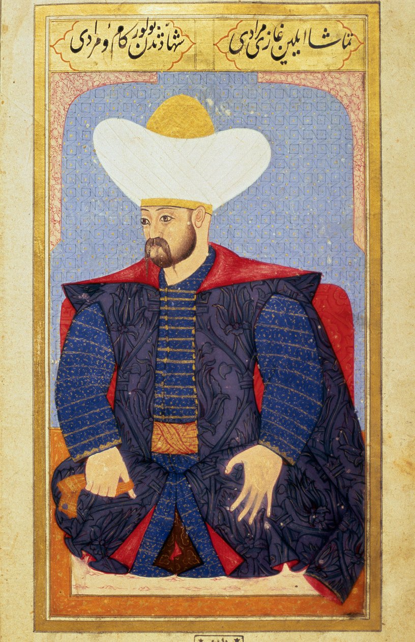 Retrato do Sultão do Império Otomano Murad I (1326-1389) Miniatura do manuscrito "Fisionomia humana (Sobre arranjos pessoais dos otomanos) de Seyyid Lokman Hussein. (Ms. ty6087 folio 27b) de Ottoman School