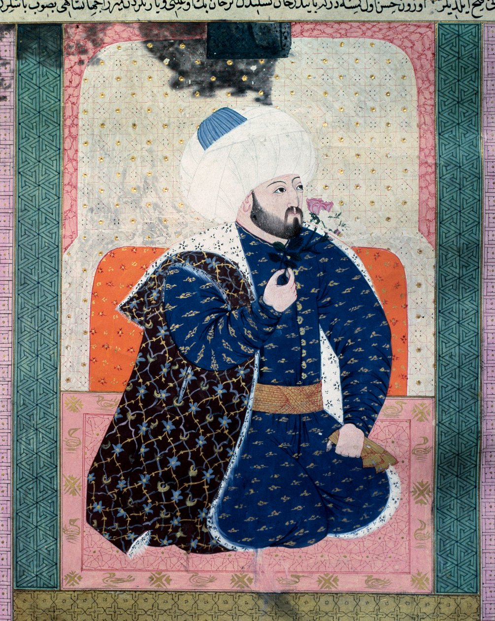 Retrato do sultão do Império Otomano Mehet II (Mehmet II o Conquistador ou Mehmed II Fatih) (1430-1481) Miniatura do manuscrito (Ms. 1973, folio 62a) "Zubdat-al Tawarikh" (Zubdat al-Tawarikh) (Creme das Histórias) do historiador Seyyid Loqman As de Ottoman School
