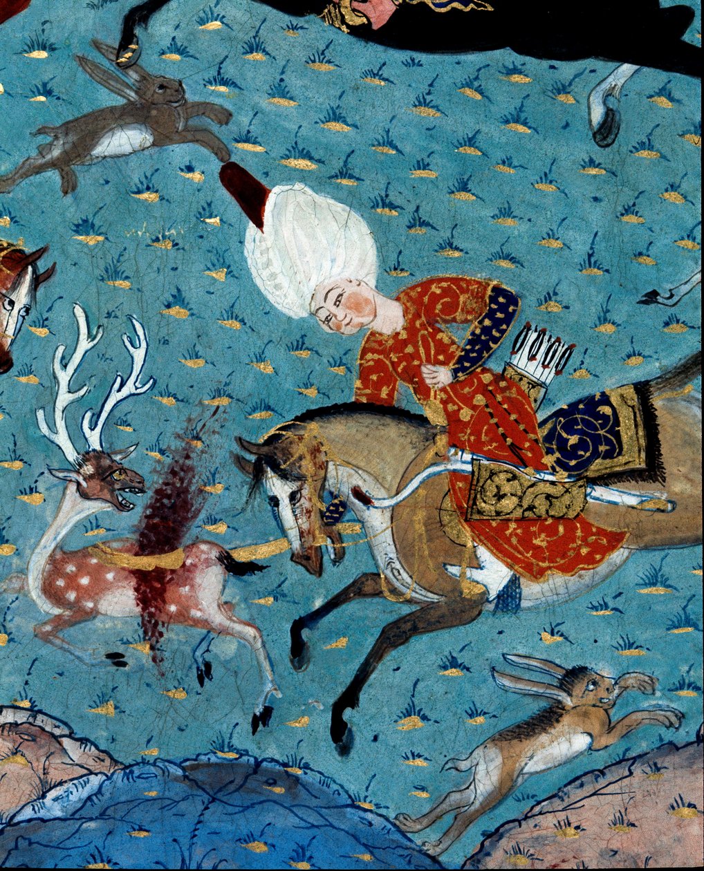Representação dos cortesãos do Sultão Murad II (Murat) (1404-1451) caçando cervos e lebres Detalhe. Miniatura do século XVII. Istambul, Biblioteca do Museu Topkapi Sarayi de Ottoman School
