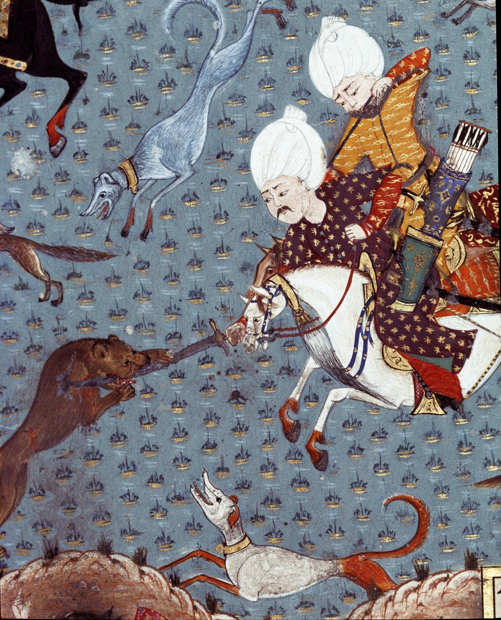 Representação dos cortesãos do Sultão Murad II (Murat) (1404-1451) caçando o Pormenor Fawn. Miniatura do século XVII. Istambul, Biblioteca do Museu Topkapi Sarayi de Ottoman School