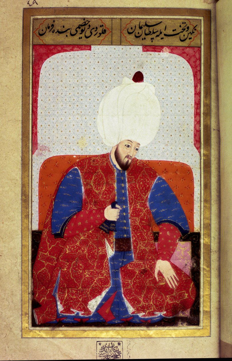 Soliman (Suleyman) I o Magnífico (1494-1566), Sultão Otomano Miniatura do manuscrito "Fisiognomia Humana (Sobre Arranjos Pessoais de Otomanos)" de Seyyid Lokman Hussein. (Ms. ty6087 folio 27b) de Ottoman School