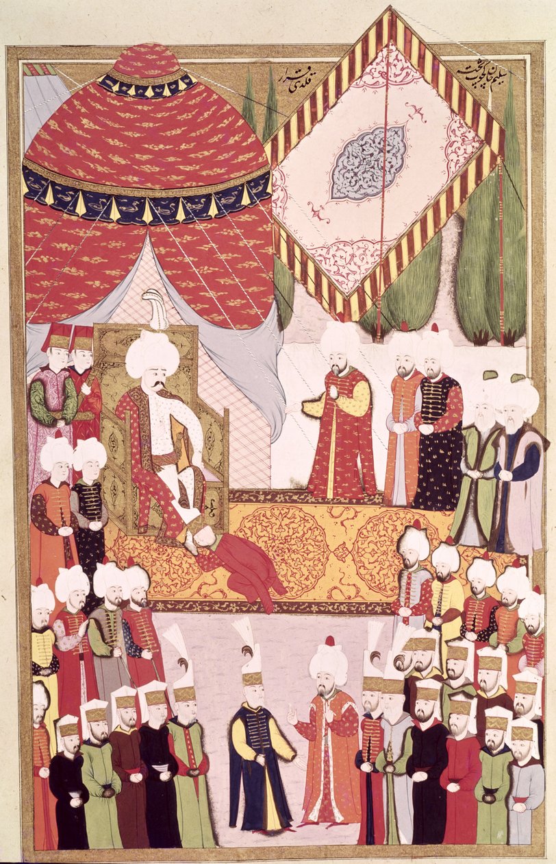 A Coroação do Sultão Selim I (1466-1520) do &39;Hunername&39; de Lokman (guache sobre papel) de Ottoman School