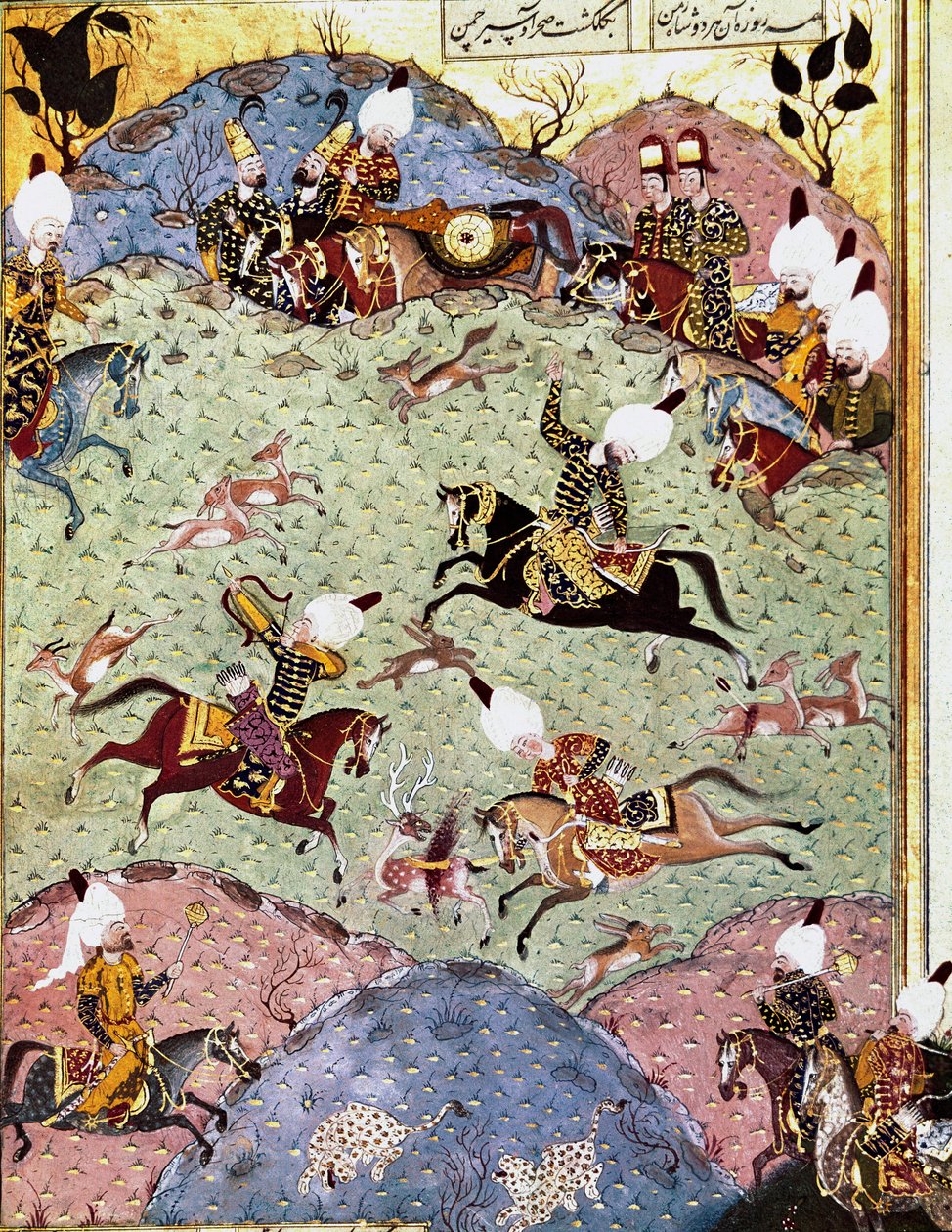 O Imperador Otomano Soliman (Suleyman) I o Magnífico (1494-1566) caçando Miniatura de 