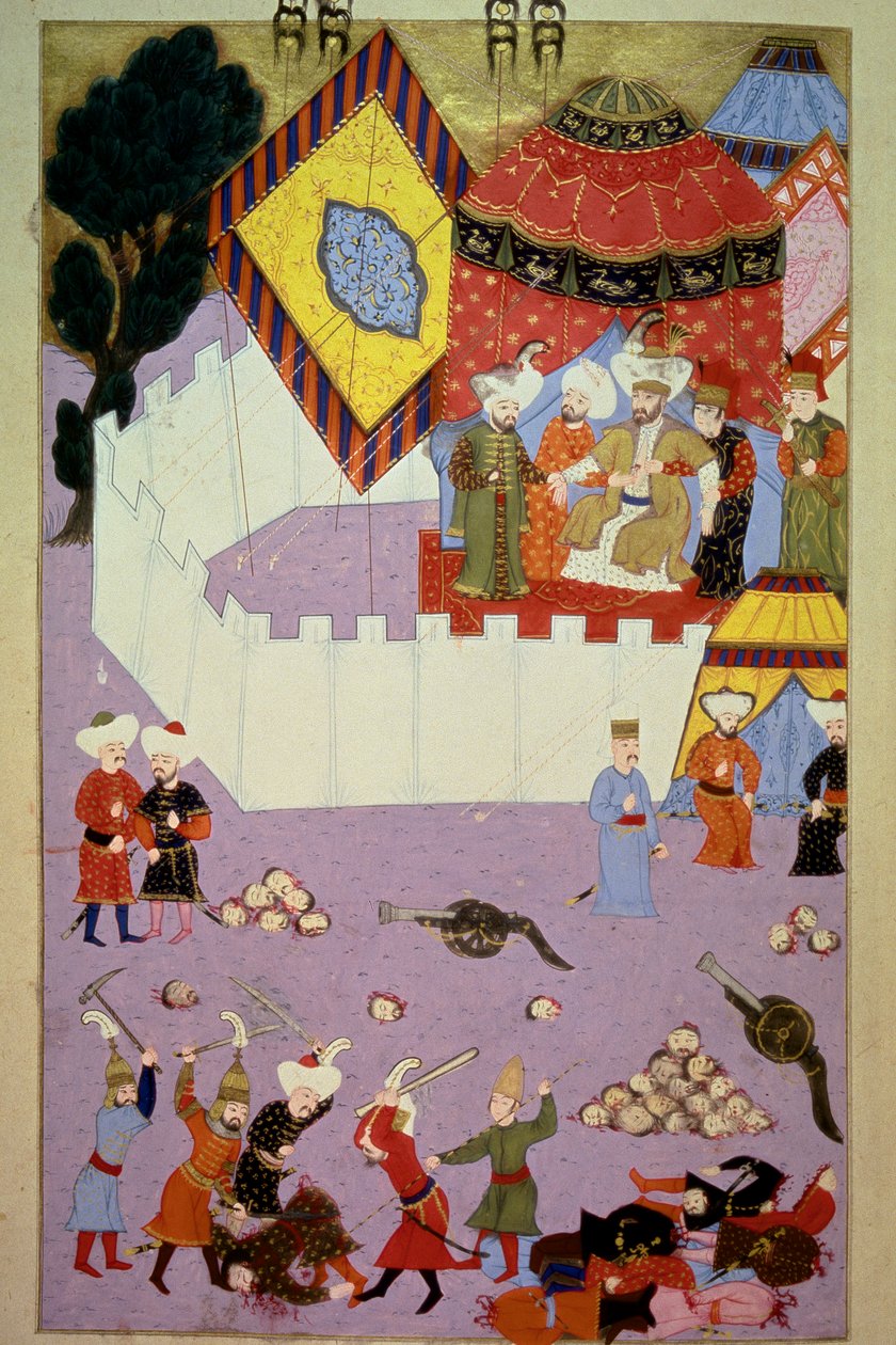 O assassinato do Sultão Murad I (1326-1389) pelo cavaleiro sérvio Milos Obilic (Kobilic ou Kobilovic) (morto em 1389) na Batalha do Kosovo após a vitória dos Otomanos sobre a Miniatura Sérvia do "Hunername" de Lokman, vol. 1 (H 1523, f.7) 1584 Para de Ottoman School