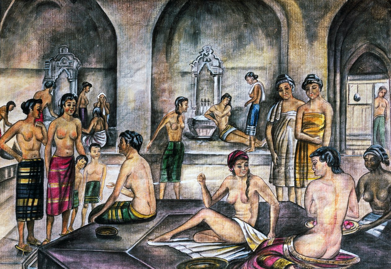 Banho turco, aguarela, civilização otomana de Ottoman School