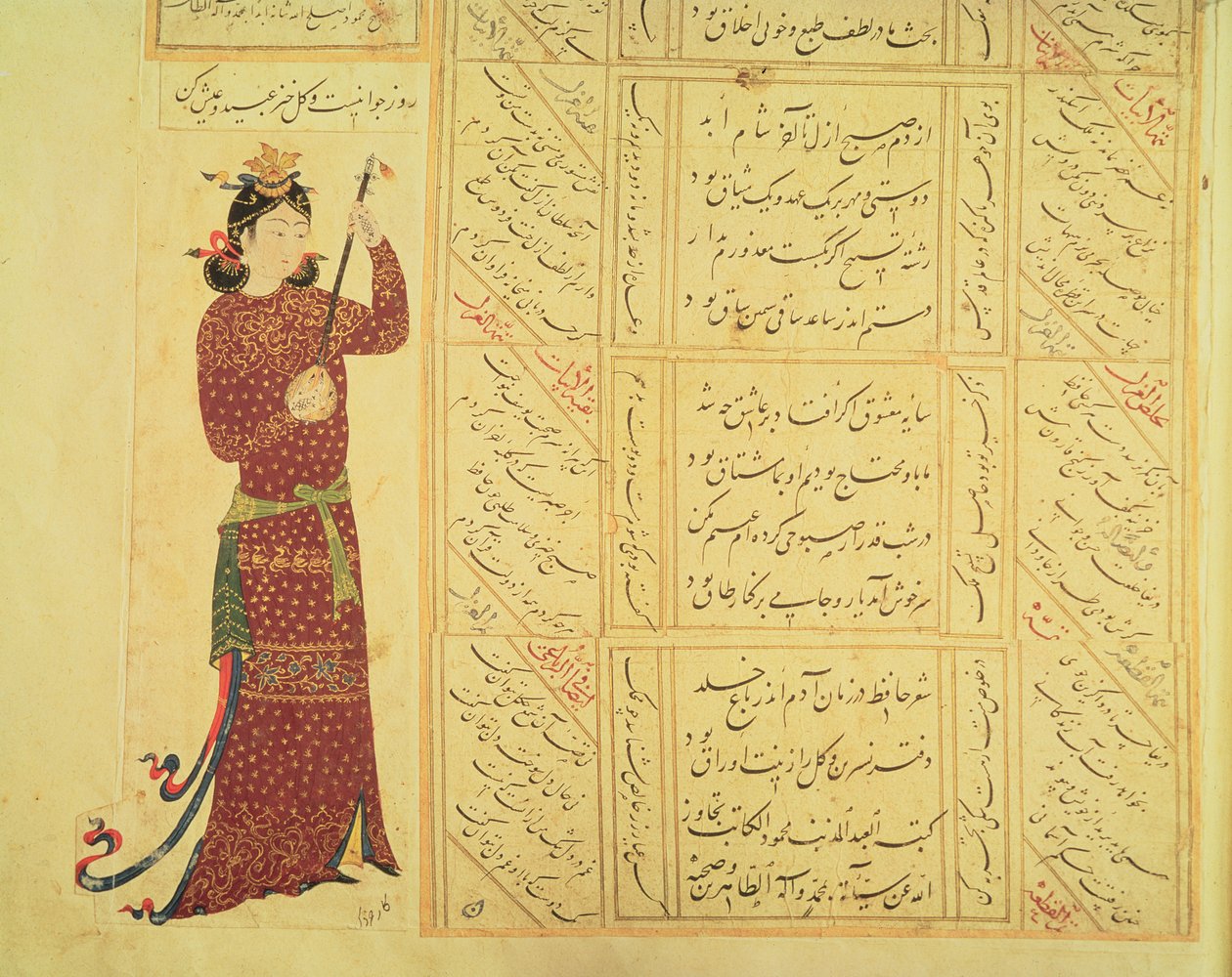 Mulher jogando o rebab e caligrafia (wc opaca no papel) de Ottoman School