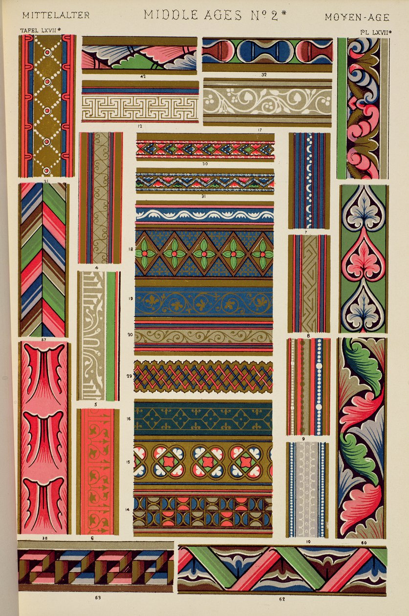 Coleção de fronteiras de manuscritos iluminados do século IX-XIV, capítulo XVI, placa LXVII, de &39;Grammar of Ornament&39; 1868 de Owen Jones