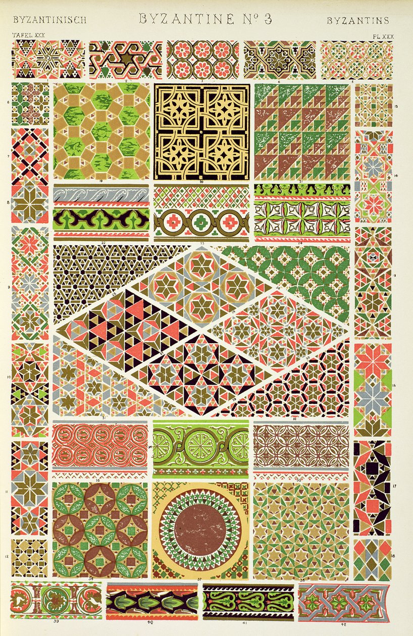 Seleção de mosaicos romanos e pavimentos de mármore, Chpater VII, placa XXX da &39;Grammar of Ornament&39; 1868 de Owen Jones